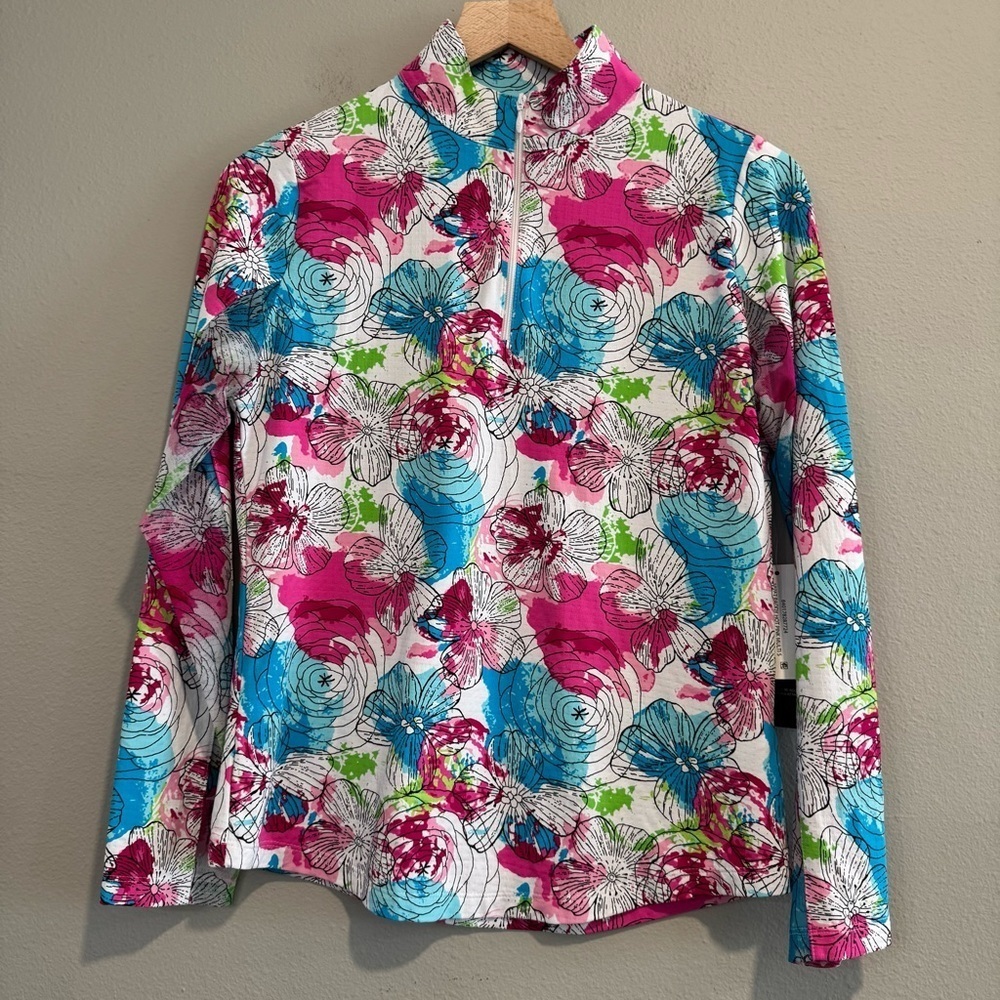Ibkul Floral Long Sleeve Zip Mock Neck Top UPF 50 Vented Sleeves S